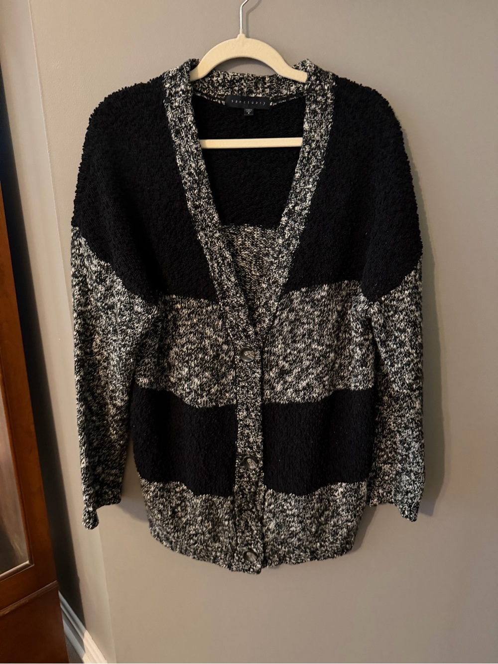 Sanctuary Black and Gray Striped Button-Up Cardigan. Small